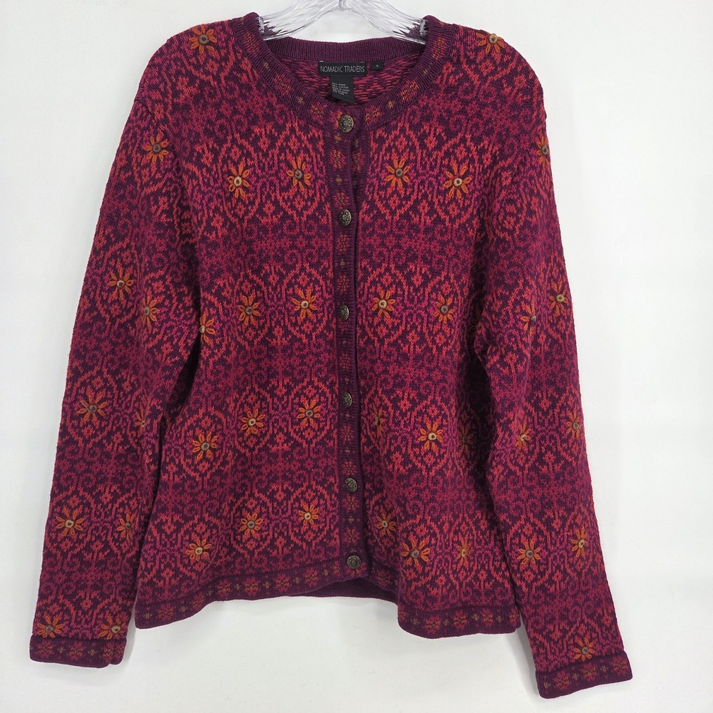 Nomadic Traders Cardigan L Purple Floral Ramie Cotton Boho Art-Inspired Eclectic